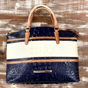 Brahmin Duxbury Satchel - Dark Blue/Camel/Creamy White